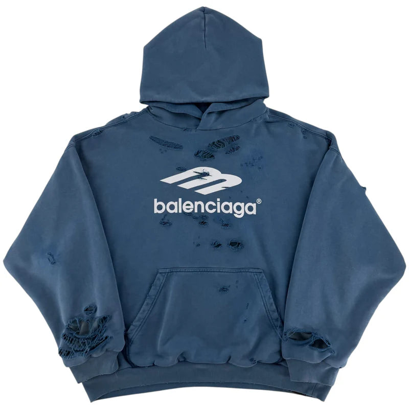 Balenciaga Distressed Logo Hoodie Blue | New | AGLR LLC