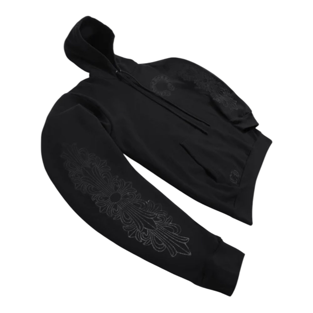 Chrome Hearts Black Pullover Horseshoe Floral Hoodie | NEW | AGLRLLC