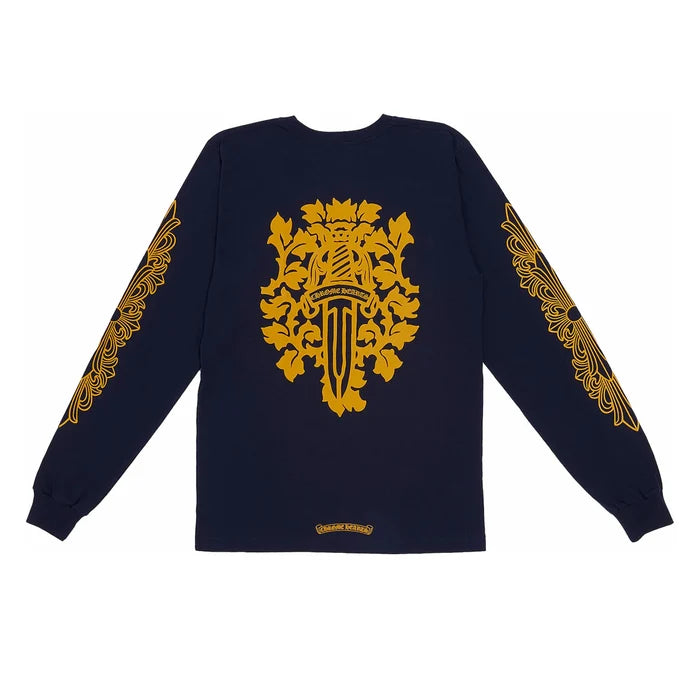 Chrome Hearts V89 Dagger Floral Scroll L/S Pocket Tee Navy/Yellow | New | AGLR LLC